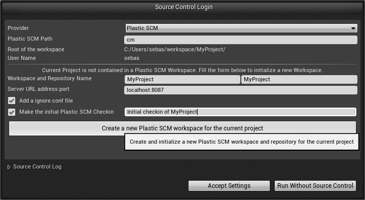 Source Control Login window - create a new workspace