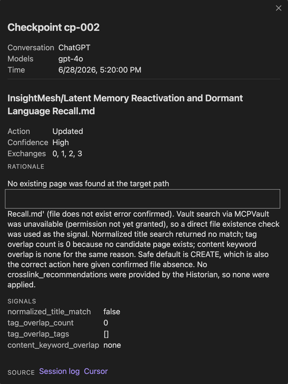 A checkpoint detail modal showing action, confidence, rationale, signals, and source links