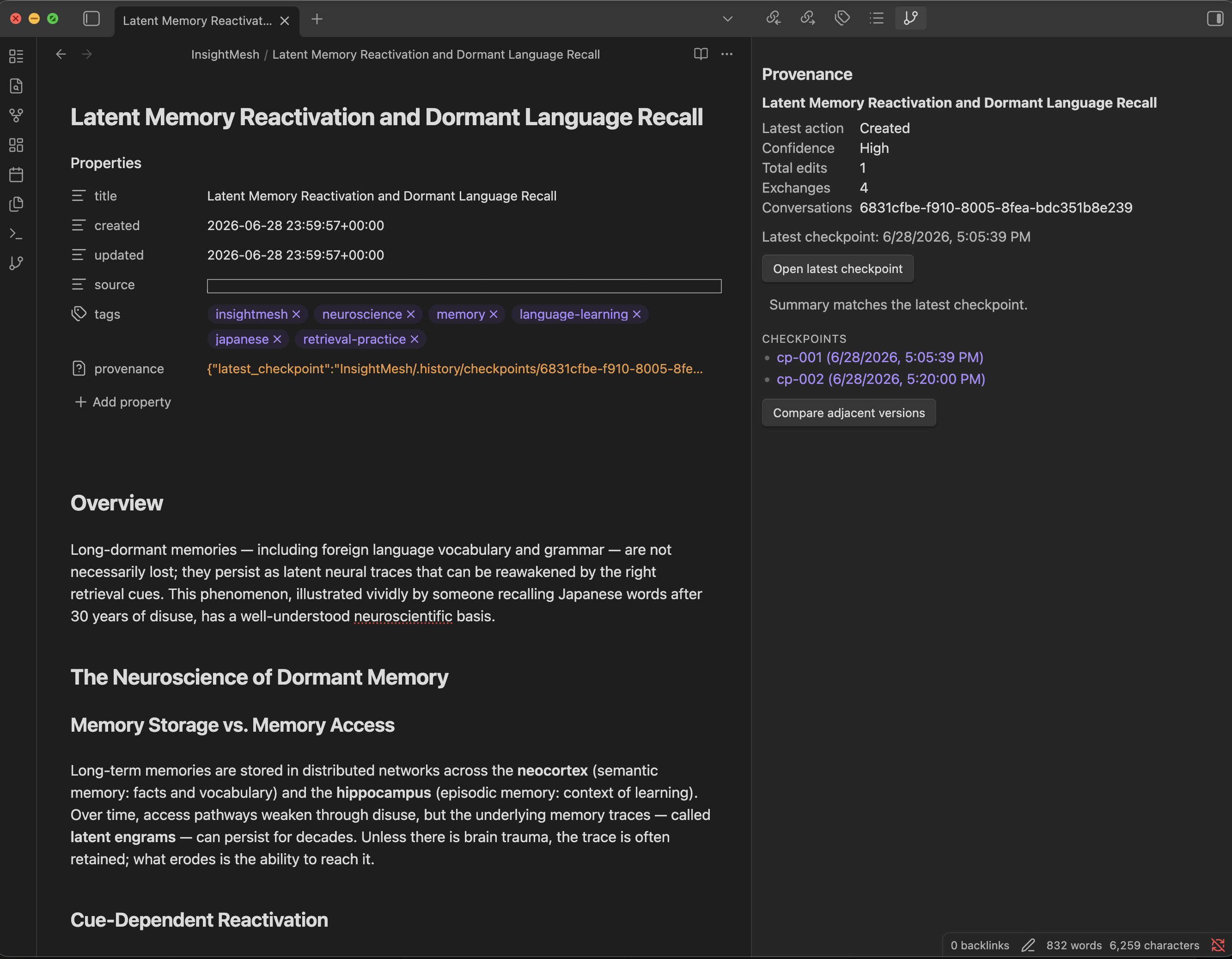 The provenance summary panel showing latest action, confidence, contributing conversation, and the checkpoint list