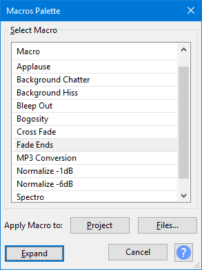 ファイルとプロジェクトオプションのAudacity Macros パレット