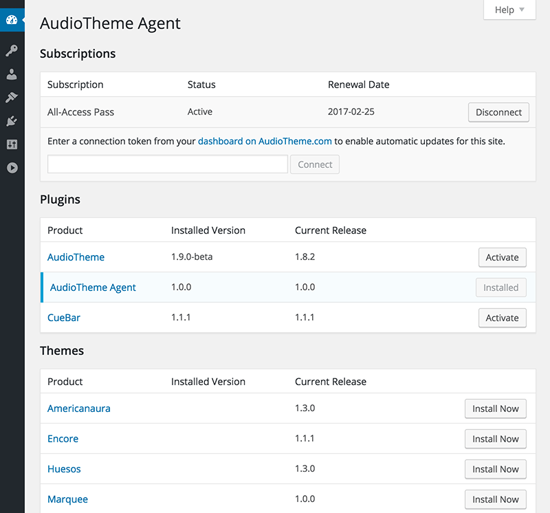 AudioTheme Agent Admin Screen