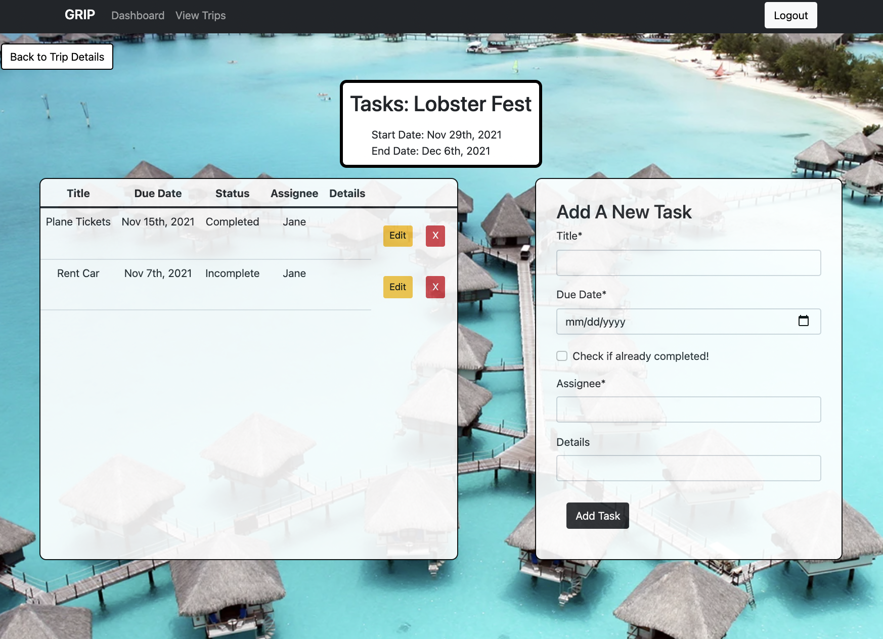 viewing current tasks for the Lobster Fest trip