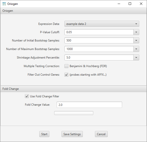 Popup ORIOGEN parameters