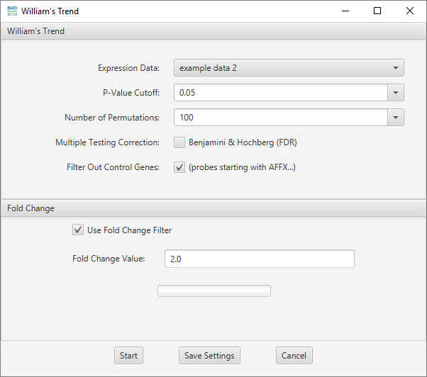 Popup Williams Trend Test parameters