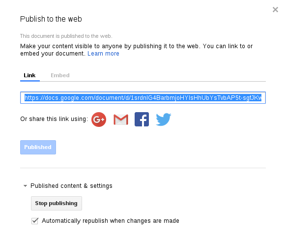 Publish to the web... modal