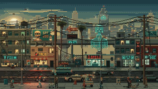 The same brief made by a pipeline of agents: a denser cyberpunk street at dusk, teal shade and sodium lamps, apartment blocks and shops with neon signs (FIX, TACO, OPEN, WASH, DOC), a billboard, a teal hologram bust, an elevated freeway, palms and power lines, cars and a bus in the street and a crowd walking the near sidewalk