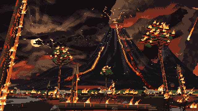 Animated pixel-art end of the Cretaceous in three-point perspective, seen from low down looking up: a huge volcano erupting, a fountain of lava from its crater and rivers of lava down its gullies, its ash column bent over by the wind; a soot-dark sky with the four o'clock sun breaking through, the glow of the big meteor's strike behind the mountain and smaller meteors still falling; burning araucarias whose trunks lean in toward a vanishing point above the picture; a tyrannosaur and a herd of gallimimus running left in front of a burning fire front, pterosaurs fleeing overhead, embers and ash blowing on the wind