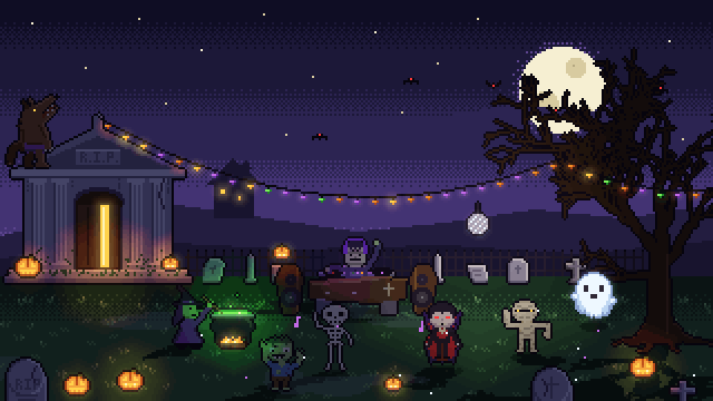 Animated Halloween party at night in a cemetery: a full moon behind a dead tree, a crypt with its door glowing and a werewolf howling on its roof, string lights and a mirror ball, a Frankenstein DJ at a coffin booth between coffin speakers, a witch stirring a cauldron, and a skeleton, a vampire, a mummy, a zombie and a ghost dancing among graves and jack-o'-lanterns