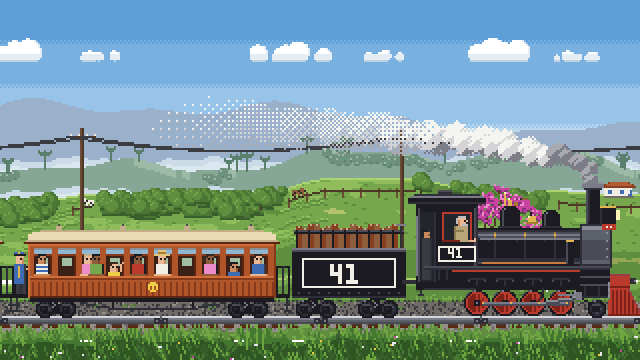 Animated pixel-art steam train crossing the hills of Minas Gerais on a misty morning, seen from beside the line: a black maria-fumaça after the Oeste de Minas engines, with a tall stack, two domes and a bell, red wheels and polished rods, a gray-haired driver at the cab window and a fireman feeding the firebox, a tender of firewood with a big white 41, and a varnished wooden coach with people leaning on the window sills, a child waving, a conductor on the platform; its smoke streams back over the coach. Behind it the land runs past at six speeds: a blue stone ridge on the horizon barely moving, hills with araucárias and mist in the valleys, pasture in patches of drier and greener grass with cattle trails along the slopes, woods in the folds, coffee rows, cows and a white farmhouse, then telegraph poles, a bamboo clump, banana plants and an ipê-roxo in bloom along the embankment, and the grass in front a blur of blades and flowers.