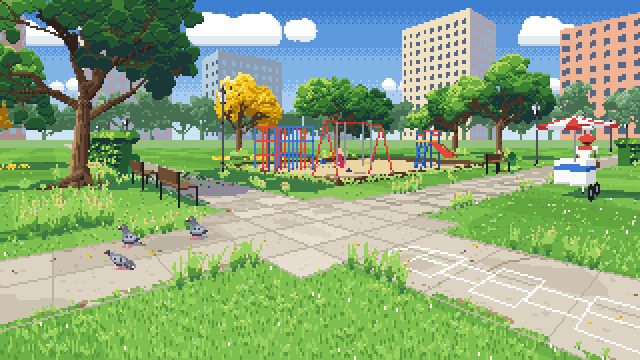 Animated pixel-art park at two in the afternoon in two-point perspective: two paths crossing in the middle, hedges, benches and lamp posts running to two vanishing points, pastel apartment blocks beyond with their windows doing the same; a playground with swings, a slide, a climbing frame and a seesaw, a yellow ipê in bloom, an ice-cream cart under a striped umbrella; two children playing tag come out from behind a hedge, turn at the crossing and run off behind the cart, a woman in a straw hat walks her caramel dog away up the other path until a hedge hides them, a girl swings, pigeons peck by a chalk hopscotch