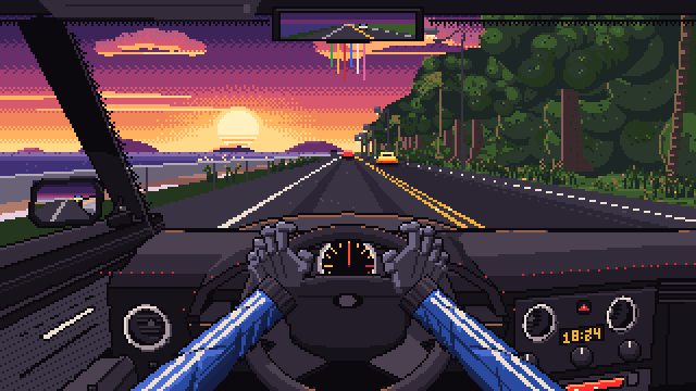 Animated street race at sunset on a coastal highway, seen from the driver's seat of a nineties sports coupe: the road bending to its vanishing point, the sea and the setting sun on the left, mountain ranges paling with distance, Atlantic forest, palms and lamp posts on the right; three rival cars overtaken one after another, drawn in perspective as they draw level; the 3D-modelled dash, gauges and mirrors, gloved hands on a turning wheel, the right hand dropping to change gear before a burst of speed