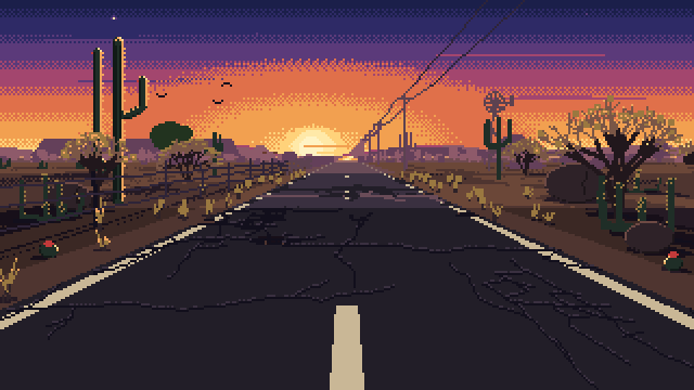 Animated pixel-art road across the Brazilian sertão at sunset in one-point perspective: cracked asphalt with dashes and edge lines running to the horizon, mandacaru and xique-xique cacti, leafless catingueira shrubs, juazeiro trees, boulders and dry grass, a crooked barbed-wire fence, power poles and a windmill, a chapada on the horizon and the sun going down into a pass with vultures circling; a backlit walker in a leather hat with a pack and bedroll walks away down the road, getting smaller step by step until they dissolve into the light, their long shadow walking with them