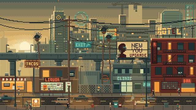 Animated pixel-art cyberpunk street at dusk in dusty yellow haze, made by one agent: a sun-bleached megacity of brutalist blocks and glass towers behind an elevated freeway with its own traffic, a taco stand, a liquor store, a parking lot with fan palms, a clinic under a cyberware billboard, a red hotel with a fire escape and neon signs, power lines and a wooden pole, cars along four lanes and people walking the sidewalk