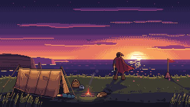 Animated sunset on a sea cliff: an adventurer seen from behind, cloak streaming in the wind, watches the sun go down over the sea while the camp goes up behind them: a ridge tent glowing where the low sun comes through the canvas, its loose corner flapping, a campfire, a pack, a sleeping bag laid out at the door, a cairn with a pennant; clouds drift, a skein of birds crosses toward the sun