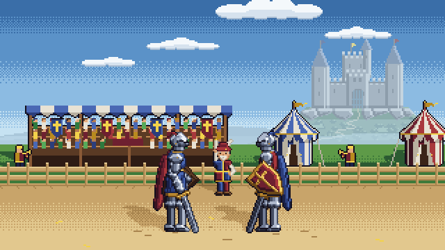 Animated tournament in pixel art: two trumpeters sound a fanfare, the marshal, an old herald with a white beard, drops his white baton, and two armored knights, blue and red, fight on foot in a sand arena: two exchanges mirror to mirror with sparks where the blades meet, a slash from above taken on the shield each way, a last clash that throws both back in a cloud of dust, a salute, and the walk back to their marks; behind them a palisade, a grandstand under a striped canopy with a cheering crowd and heraldic banners, two trumpeters, striped pavilions with pennants and a castle on a hill