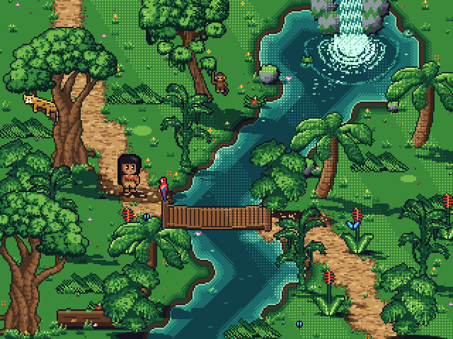 Animated tropical forest seen from above at an angle: a waterfall churning its pool, a river under a plank bridge, a dirt trail, palms and big trees, a jaguar on a branch, a monkey swinging, a macaw, butterflies and a girl breathing on the trail