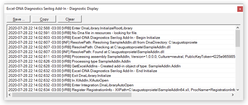 Excel-DNA Serilog logs in LogDisplay window screenshot