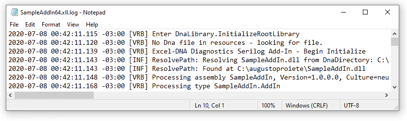 Excel-DNA Serilog logs in file Notepad screenshot