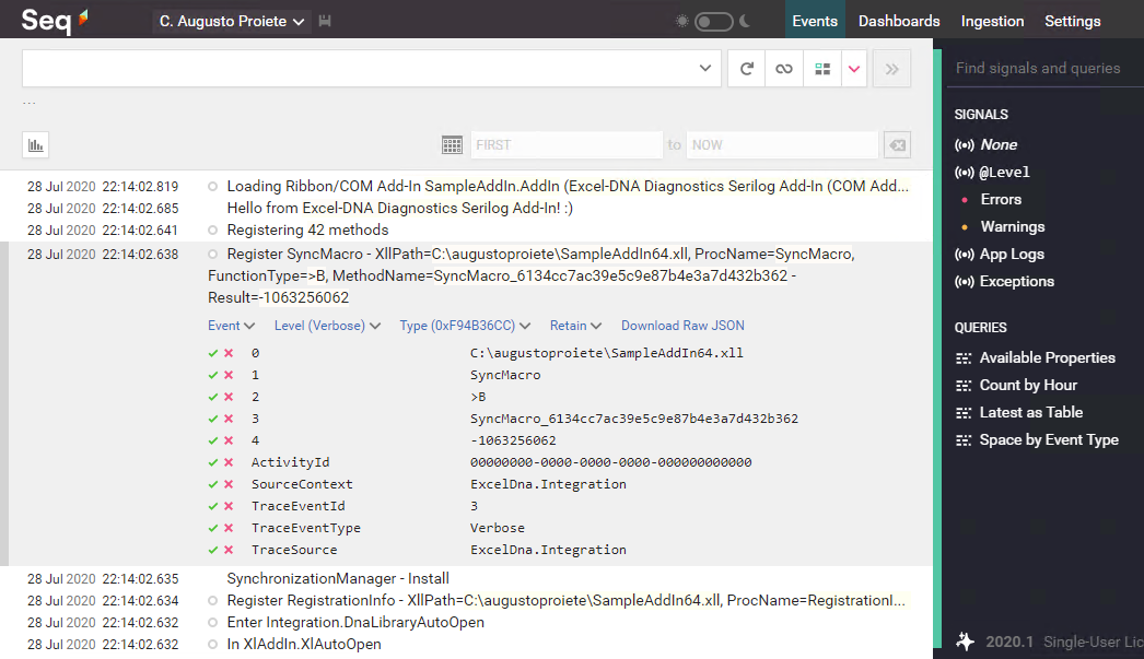 Excel-DNA Diagnostics Serilog with Seq screenshot