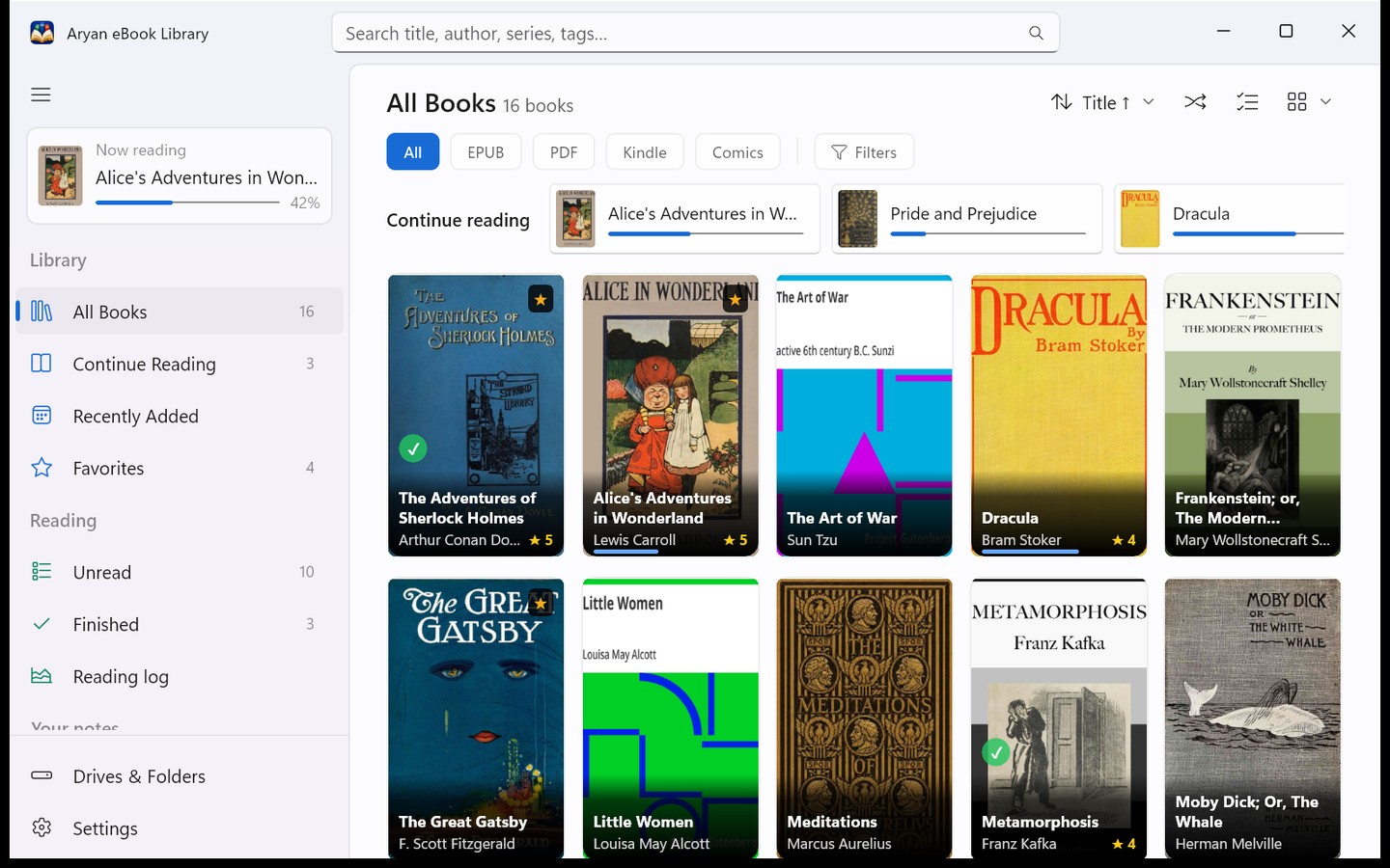 The library: book covers, a Now reading card, a Continue reading row, and a sidebar with a count on every shelf