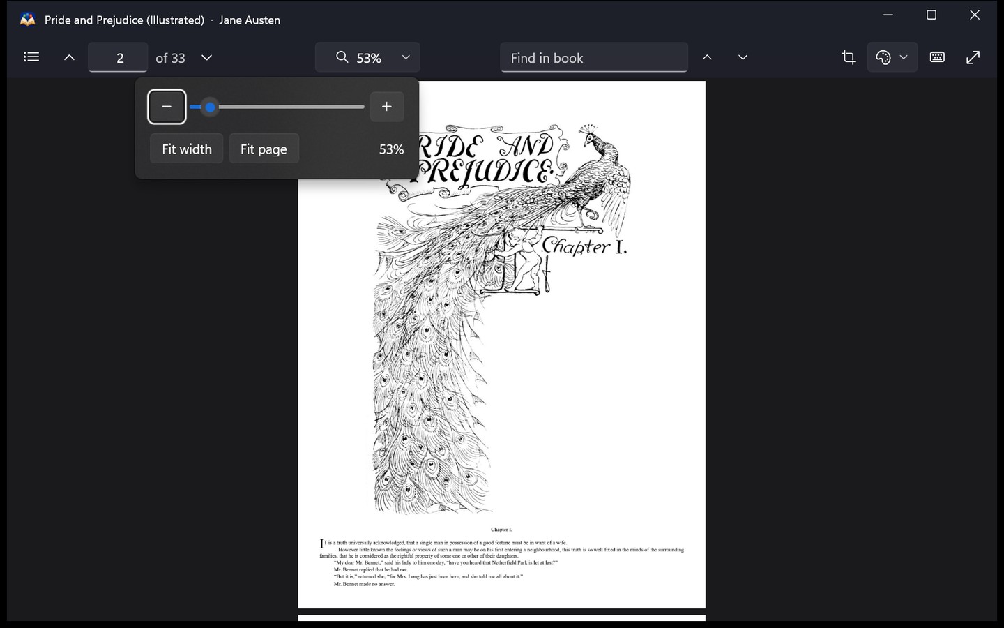 An illustrated Pride and Prejudice PDF in the dark theme, with the zoom panel open