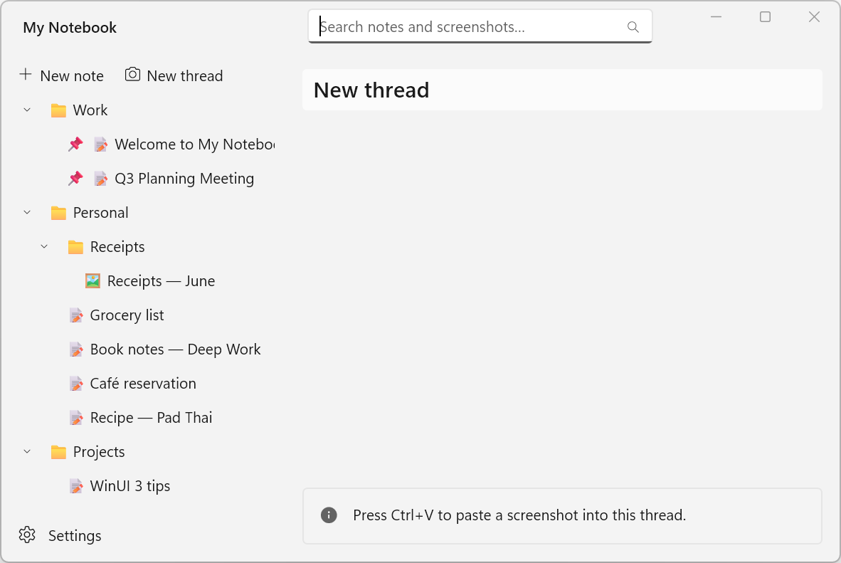 My Notebook — search across notes and OCR'd screenshots