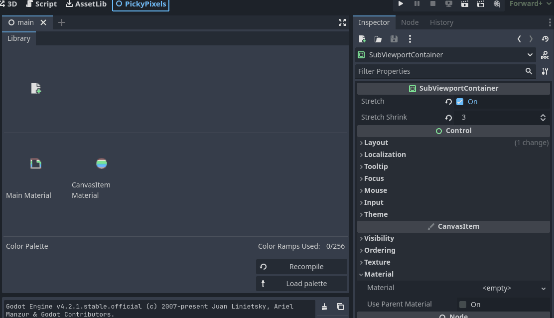 GIF showing the action of dragging the Main Material item from the PickyPixels library onto the material property of a SubViewportContainer