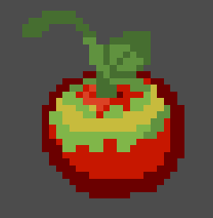 Pixel art image of an apple partially lit with a dim light.