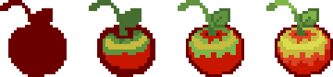 Image of four identical pixel-art apples, each within progressively brighter lighting