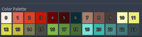 Screenshot of the PickyPixels color palette section. There are 24 colors, numbered 0 through 23