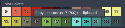 Screenshot of the PickyPixels color palette, with a popup button that says "Copy hex code (#c71700) to clipboard"