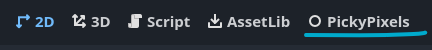 Screenshot of Godot engine editor tabs, with a new underlined tab called PickyPixels on the far right