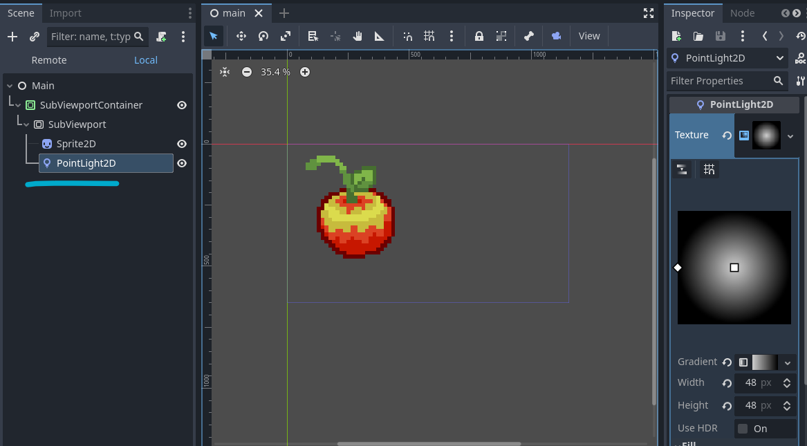 Screenshot of Godot, showing that the scene tree contains a SubViewportContainer and SubViewport, with two children: a Sprite2D with the apple texture and a PointLight2D node. This point light has a black and white radial gradient texture.