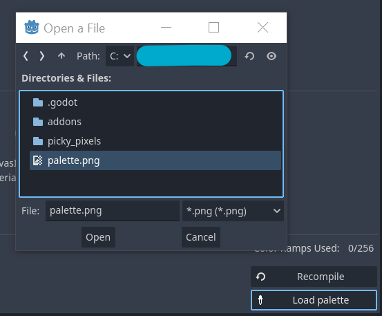 Screenshot of the PickyPixels editor overlayed by a window titled "Open a File". Within this window, a file called palette.png is selected.