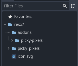 Screenshot of a Godot engine project setup after the PickyPixels plugin has been added to the addons folder. There are three folders. One is called addons, another is called picky-pixels and is within the addons folder, and lastly is a folder at the root level called picky_pixels.