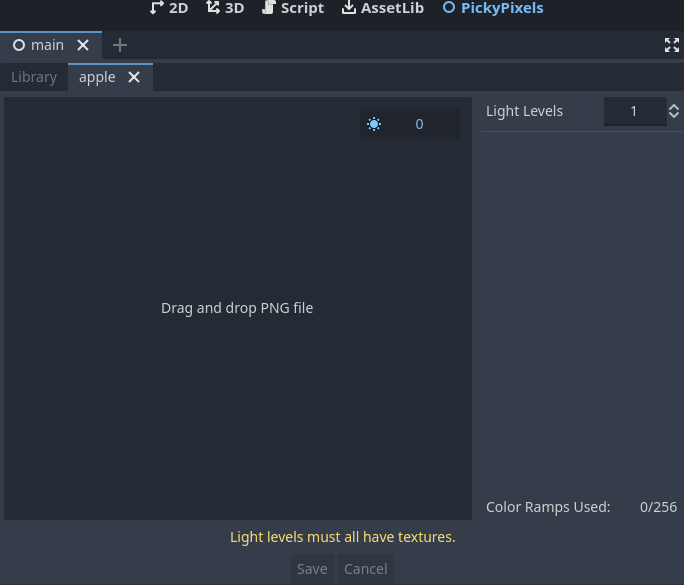 GIF of a series of actions within the PickyPixels editor. The mouse cursor moves to a section for number input labeled "light levels". The initial value is 1. The cursor clicks on a button to increase the number three times, bringing the new value of the number to 4.