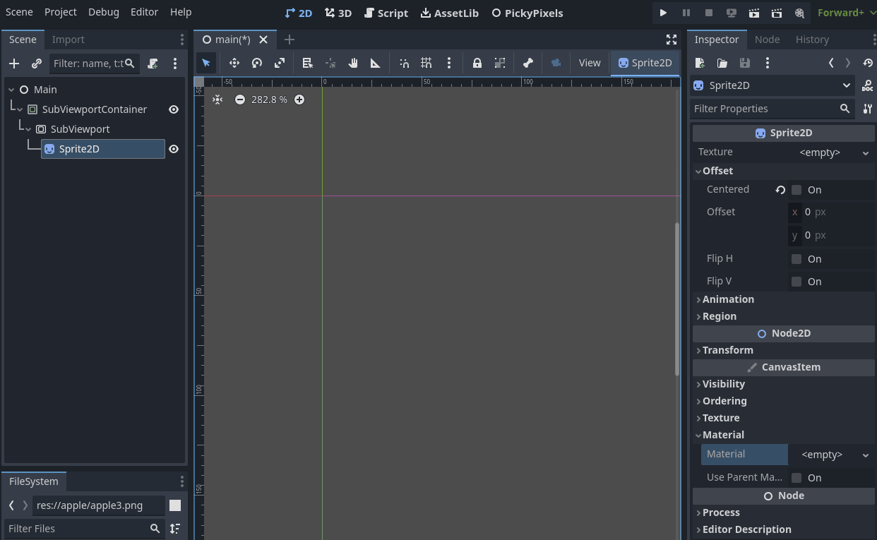 GIF of a series of actions within Godot. The scene tree includes a Sprite2D node, which is selected and shown within the inpsector tab on the right. First, it is shown that the Sprite2D has no texture or material properties. Next, the PickyPixels tab is selected, showing the PickyPixels library. In it, there is a texture called "apple" with a picture of a pixel-art apple. Under it, there are two more items called "Main Material" and "CanvasItem Material". Second, the apple texture is drag-and-dropped onto the Sprite2D's texture property. Third, the "CanvasItem Material" property is drag-and-dropped onto the material property of the Sprite2D. Lastly, the 2D inspector tab is selected, revealing that the Sprite2D now has the same apple texture as shown in the PickyPixels library