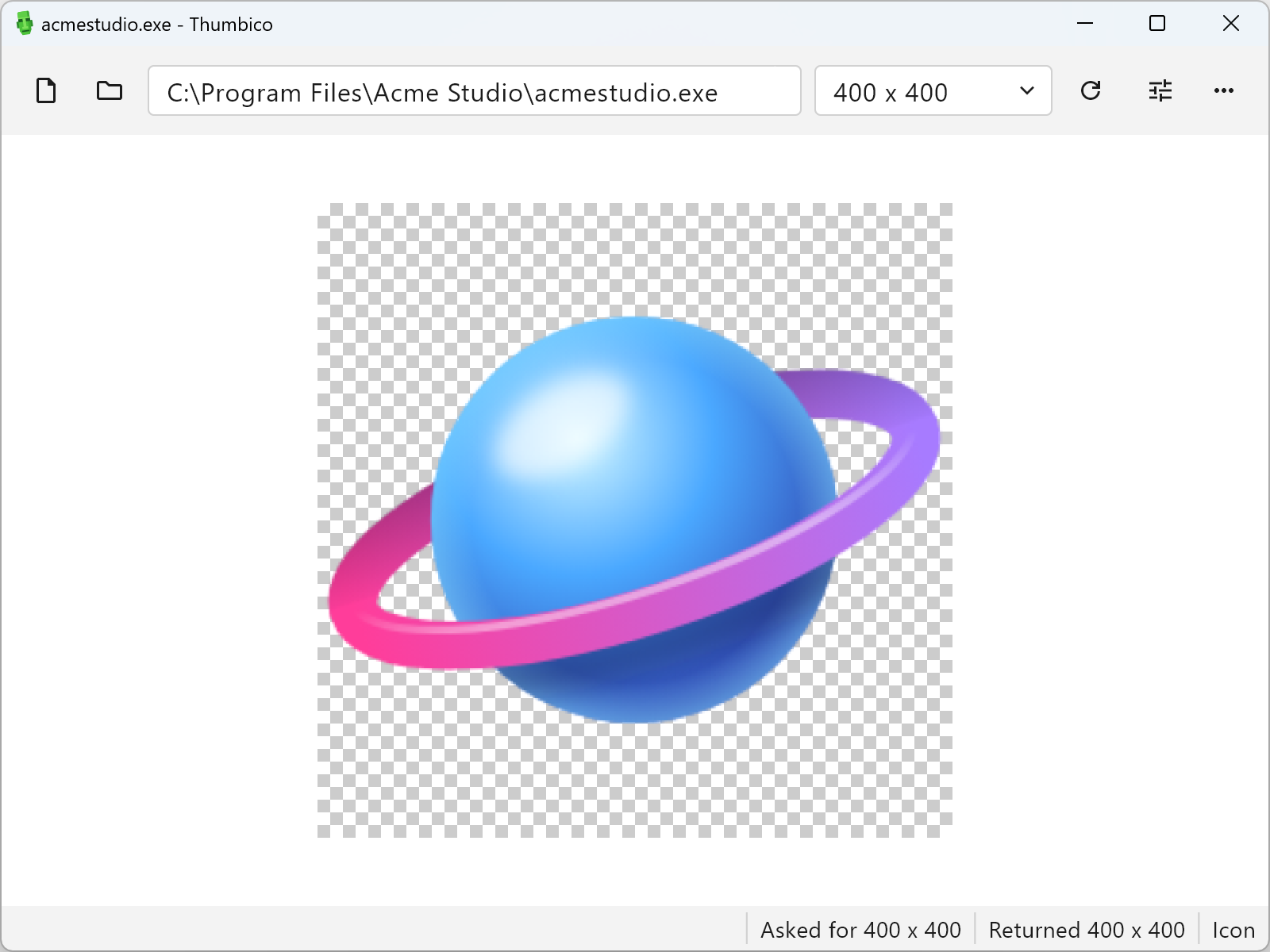 Thumbico showing the icon of a program, a blue planet with a pink ring, at 400 x 400 pixels on the checkerboard, with the program's path above and the asked and returned sizes below