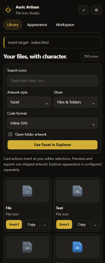 Compact File Icon Studio sidebar with artwork search and style controls