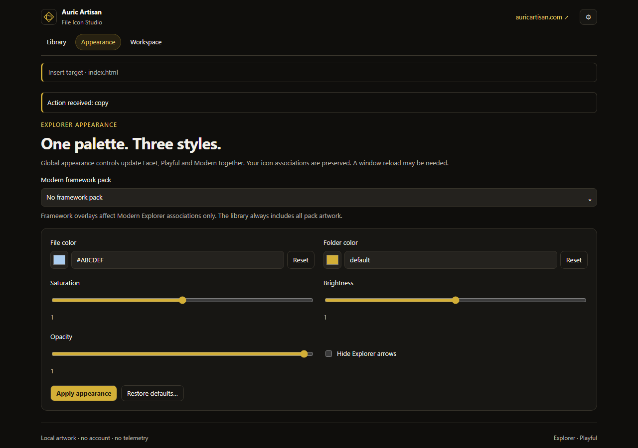 Appearance controls for colors, saturation, brightness, opacity and framework packs