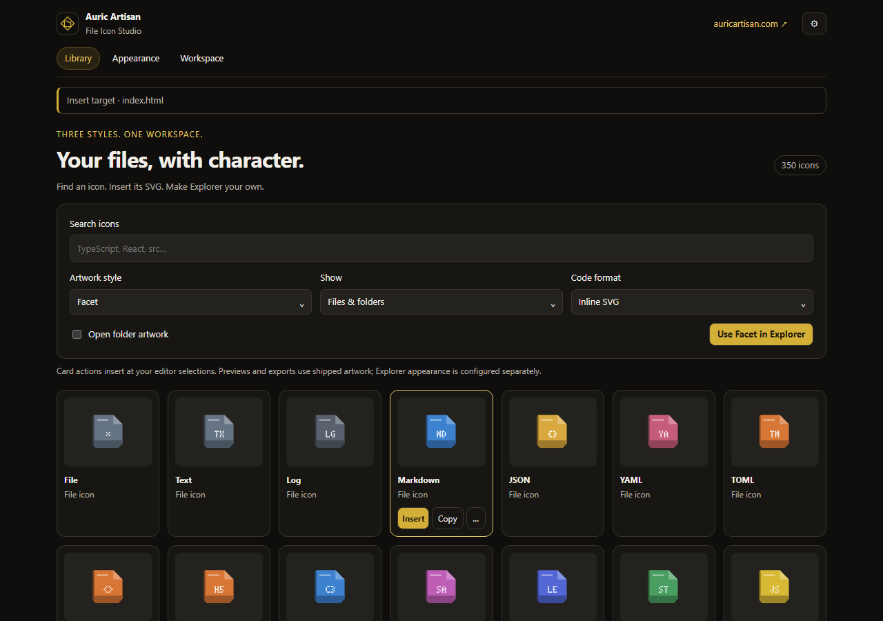 File Icon Studio with searchable artwork and insertion actions