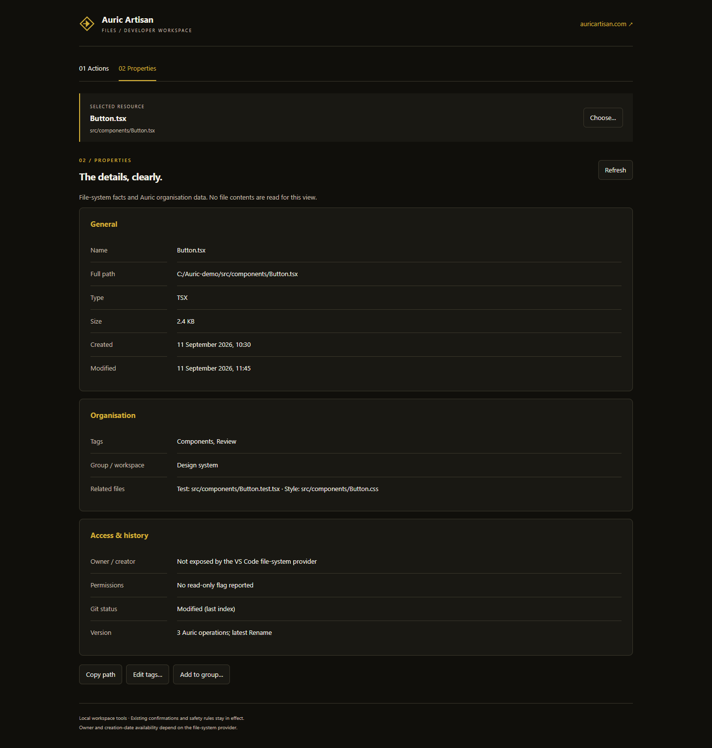 File Properties showing General, Organisation, and Access and history cards