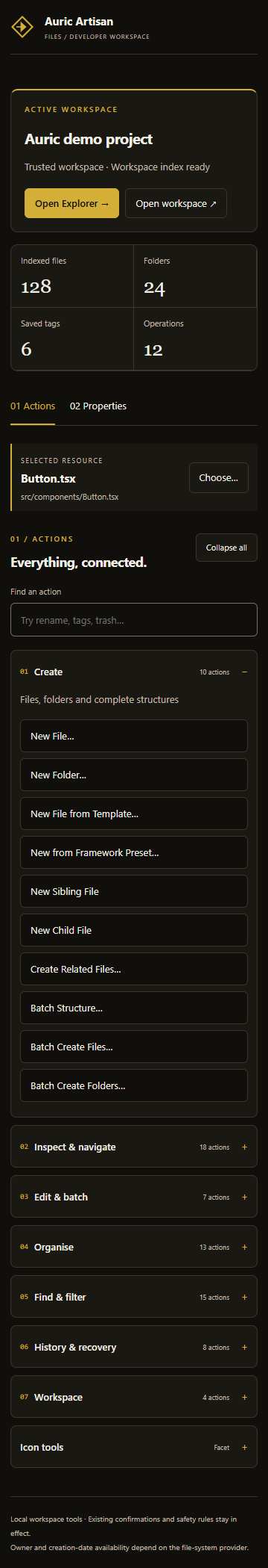 Compact Auric Files sidebar with workspace summary, selection and collapsible action groups