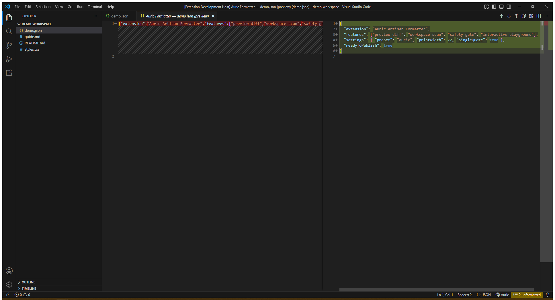 Auric Artisan Formatter native diff preview in a real VS Code window