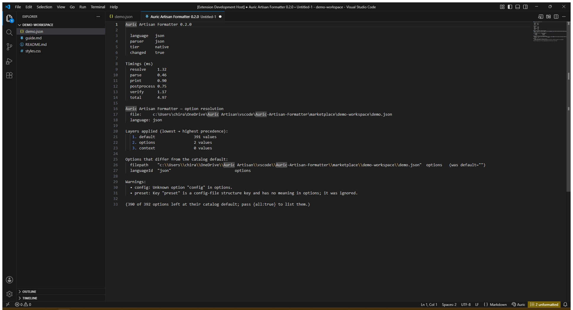 Auric Artisan Formatter decision explanation report