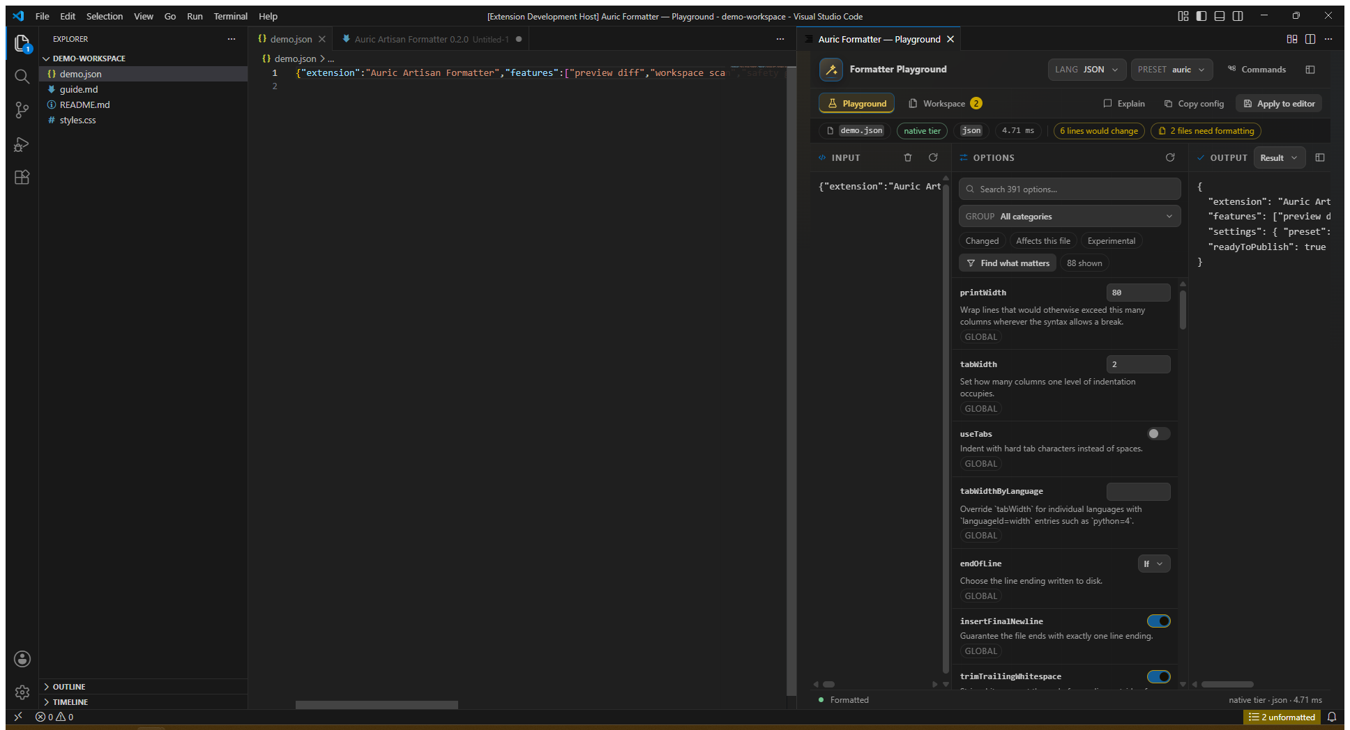 Auric Artisan Formatter Playground with real JSON input and output