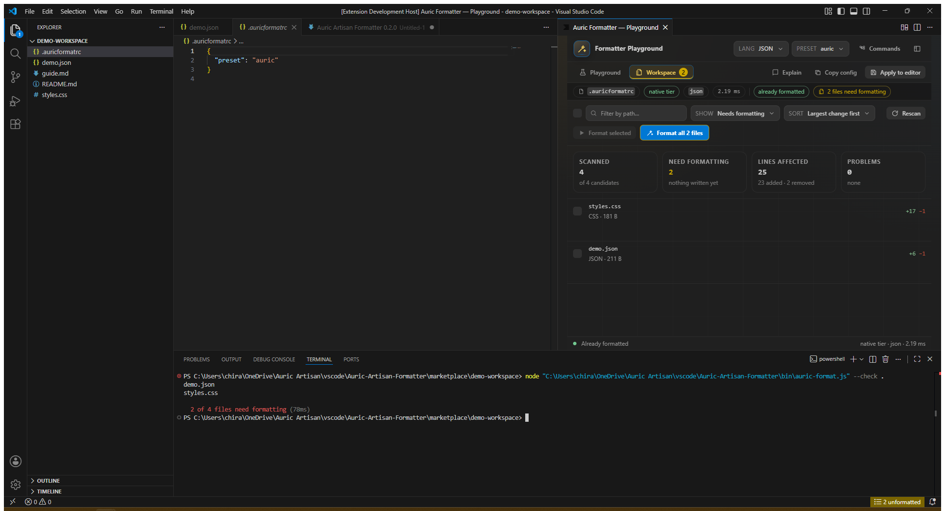Auric Artisan Formatter CLI check beside the workspace scan