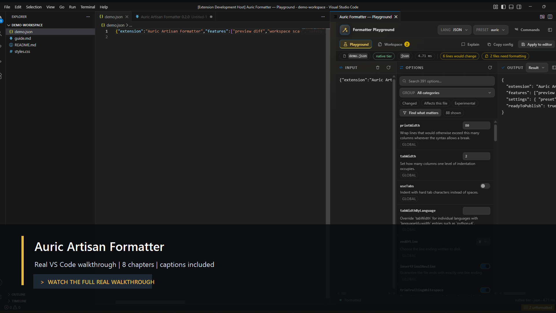 Watch the full Auric Artisan Formatter walkthrough recorded in VS Code