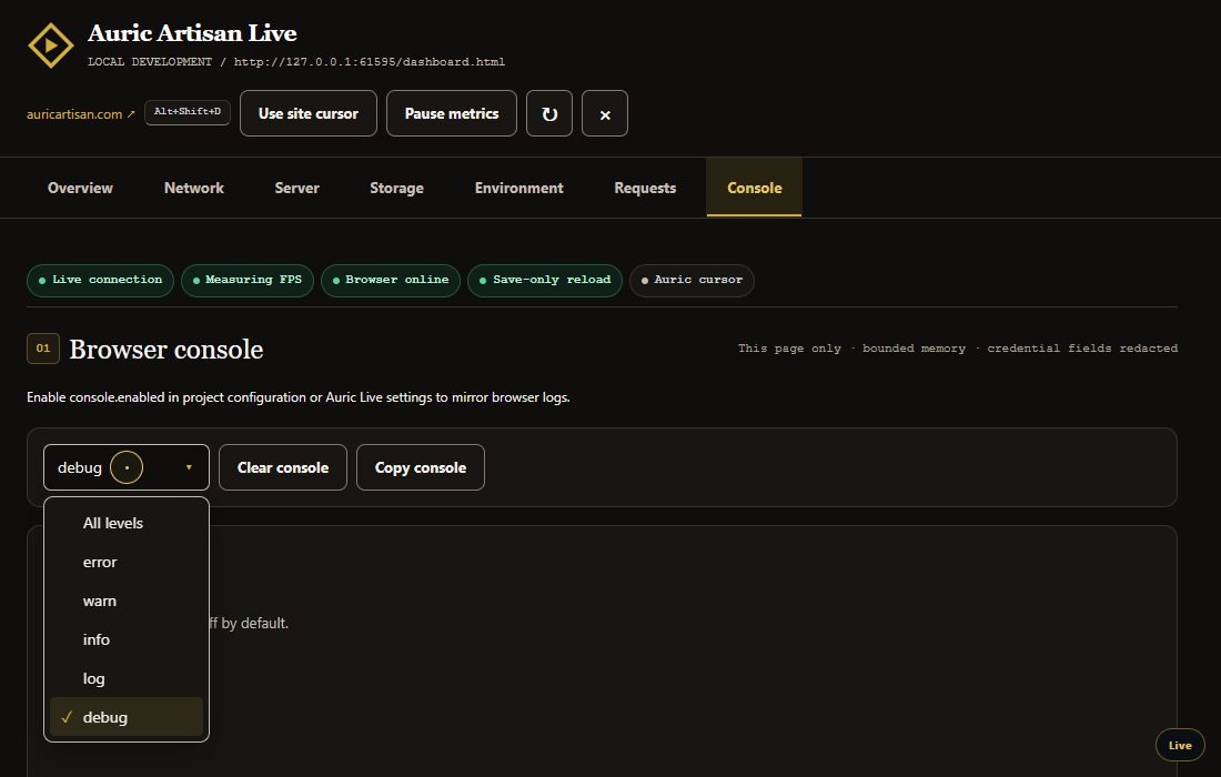 Browser console showing a single-border toolbar and the complete log-level dropdown
