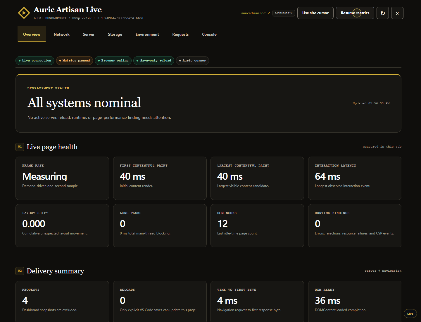 Browser dashboard with development health, page metrics and delivery information